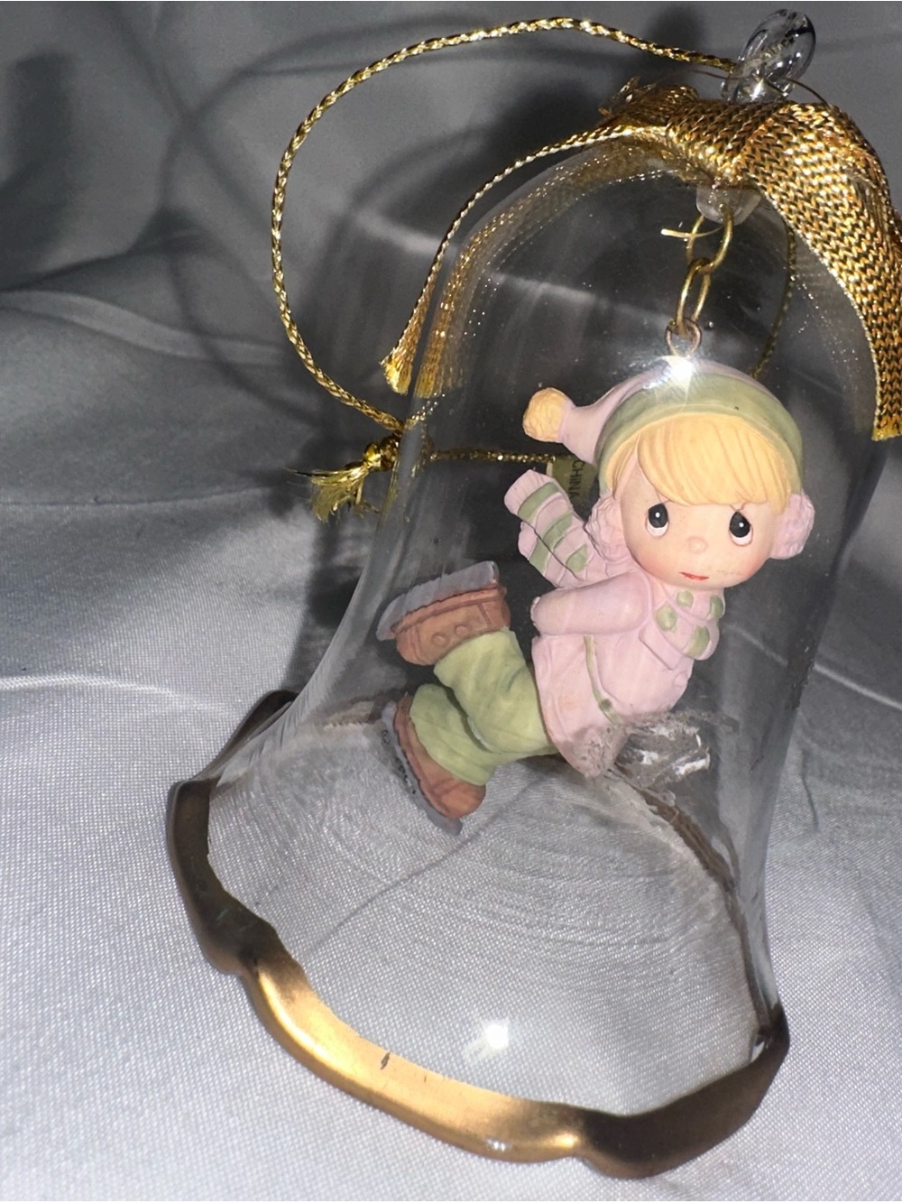 Precious Moments Glass Bell Ice Skater Christmas Ornament Gold Trim